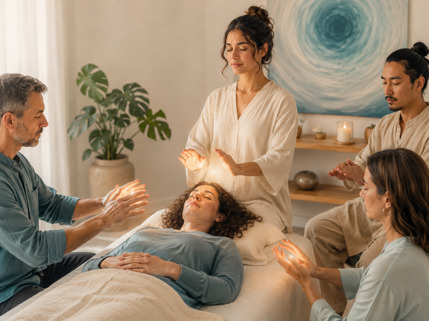 Grupo practicando Reiki en una sesión formativa
